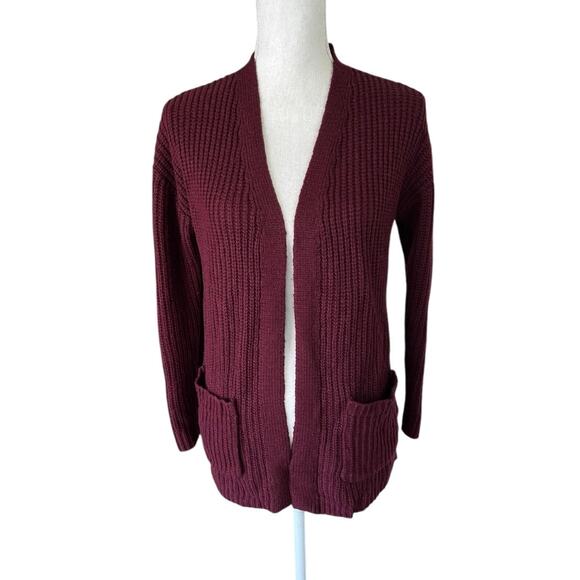 Hooked up burgundy ribbed knit open front cardigan lace up sides casual cozy - Picture 1 of 6